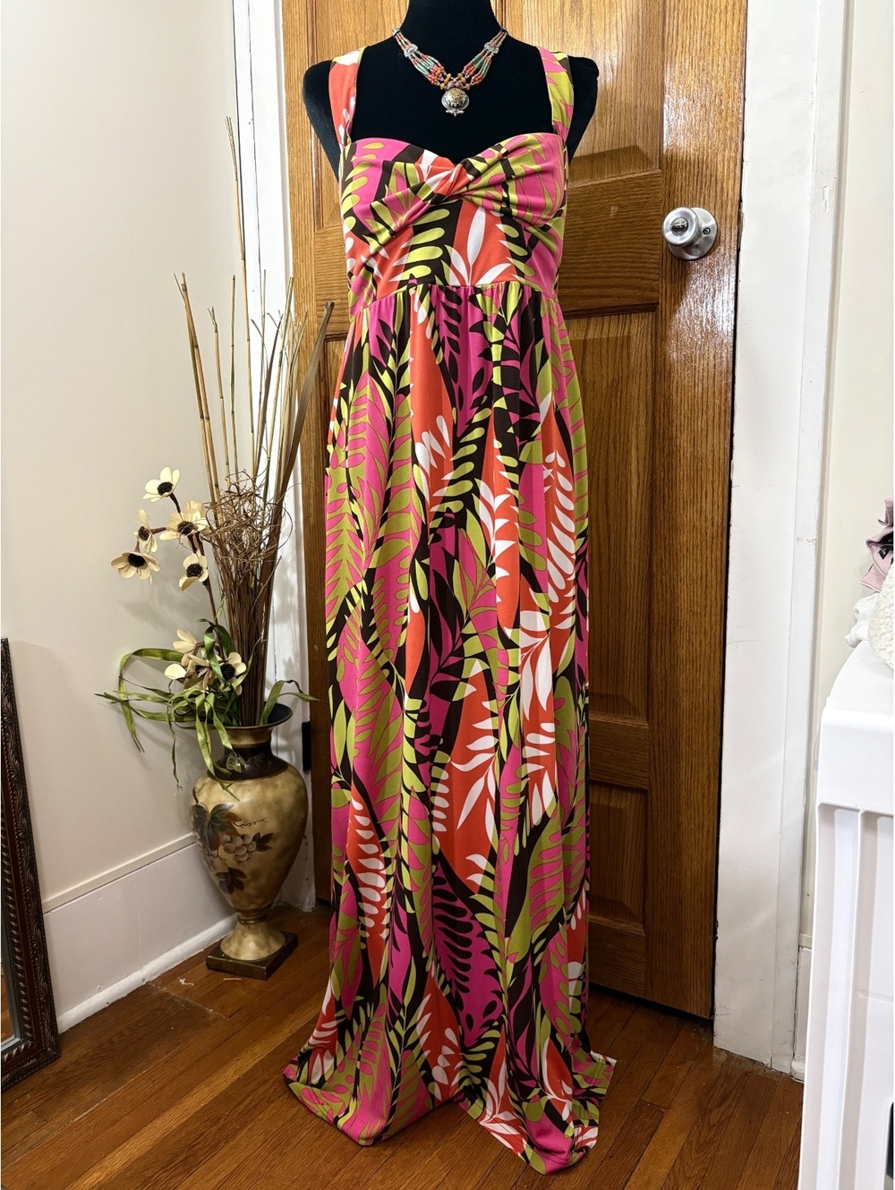 Maxi Dress Size 6 Madison Leigh Pink Tropical Cross Back Stretch